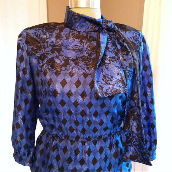 Vintage Dresses & Skirts - Vintage Silky 80's Blue Geometric Midi Dress